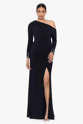 Chrishell Long Jersey Knit Off the Shoulder Overlay with Beaded Sleeves