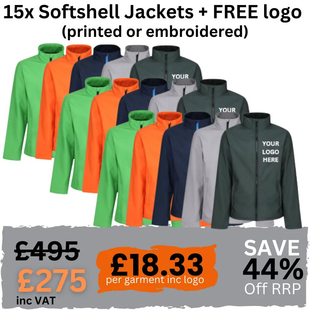 Embroidered Clothing Workwear Pack of 15 Regatta Softshell Jackets including company/team logo (Printed or Embroidery)
