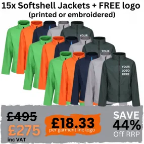 Embroidered Clothing Workwear Pack of 15 Regatta Softshell Jackets including company/team logo (Printed or Embroidery)