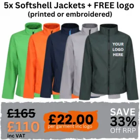 Embroidered Clothing Workwear Pack of 5 Regatta Softshell Jackets including company/team logo (Printed or Embroidery)