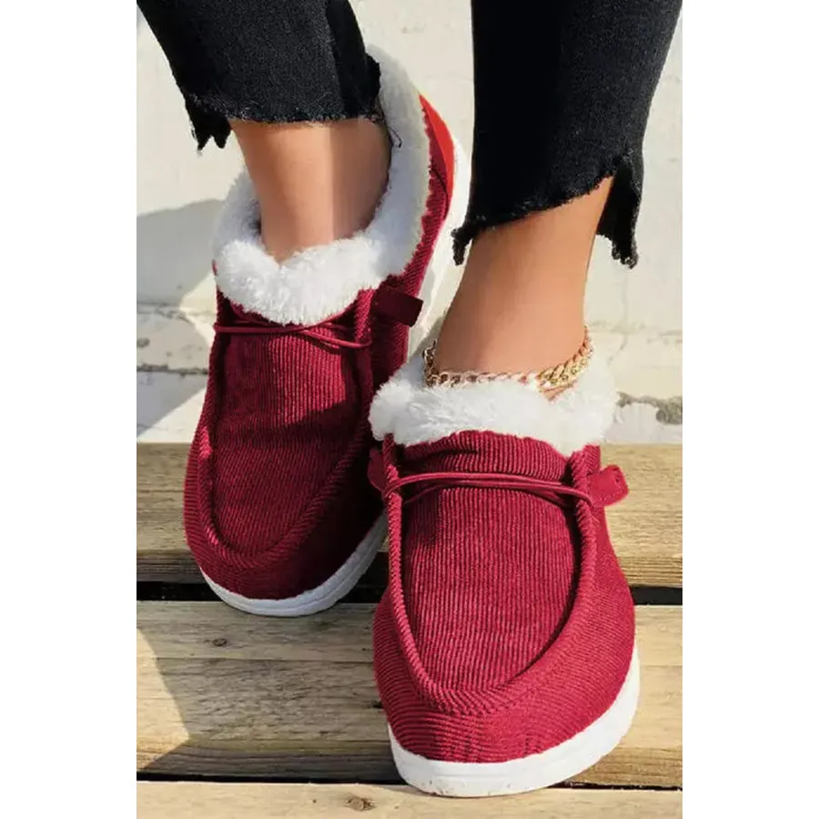 Fiery Red Corduroy Drawstring Plush Slip on Shoes