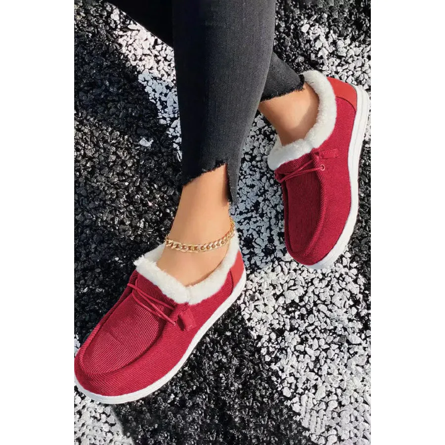 Fiery Red Corduroy Drawstring Plush Slip on Shoes