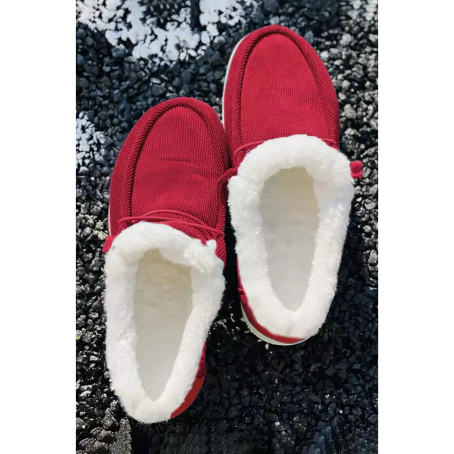 Fiery Red Corduroy Drawstring Plush Slip on Shoes