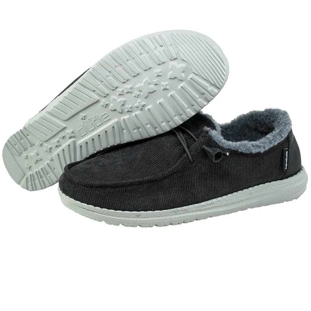 Hey Dude Womens Wendy Corduroy Faux Fur Slip On Shoes- Black