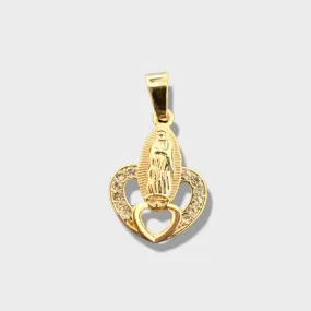 Virgin guadalupe on top of heart pendant in 18k of gold layering