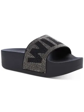 WILD PAIR Womens Black Logo Cushioned Rhinestone Caroletta Round Toe Platform Slip On Slide Sandals Shoes M